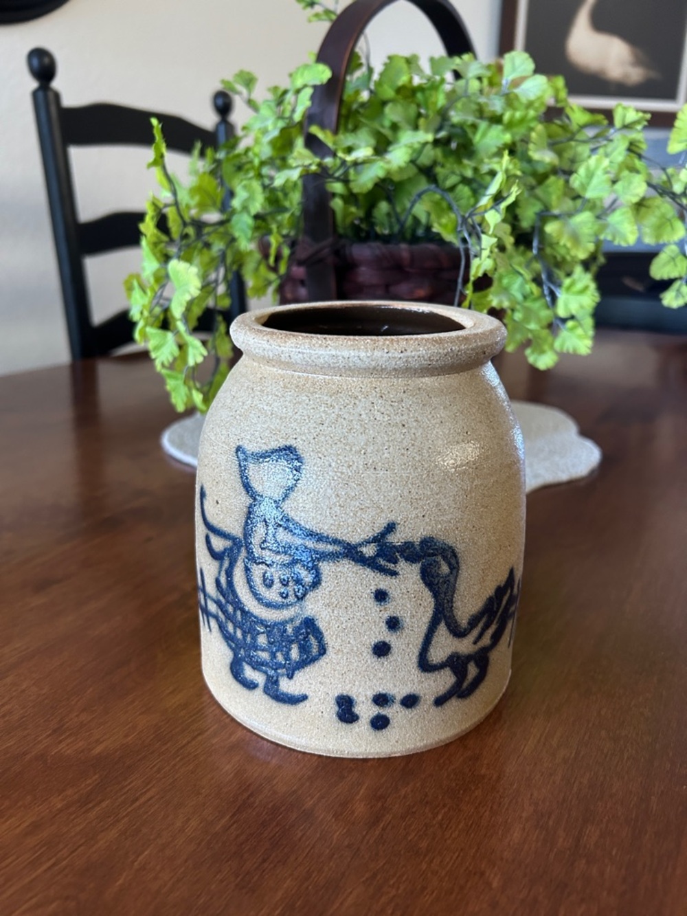 Artisan signed-Handcrafted Stoneware Crock with Blue Folk Art Duck Design